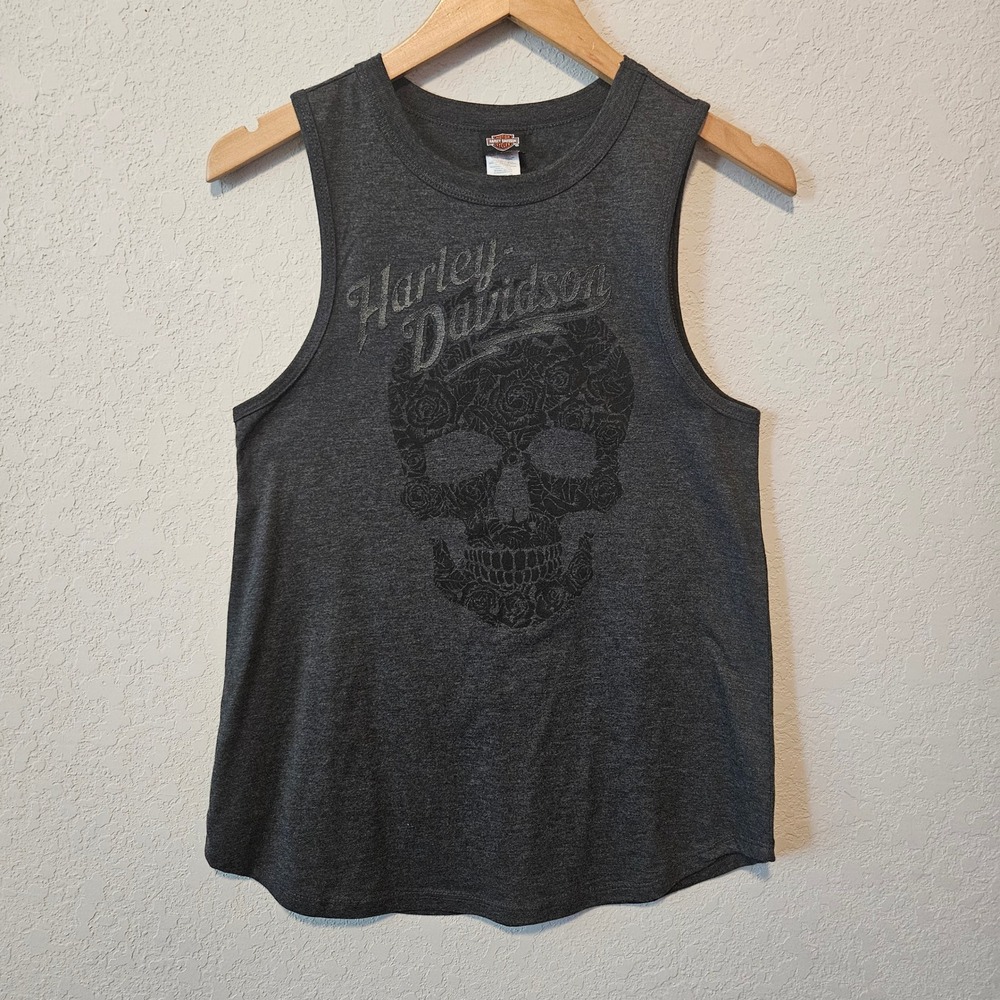 Harley-Davidson Women Muscle Tank Top Charcoal Gray Floral Skull Size Small